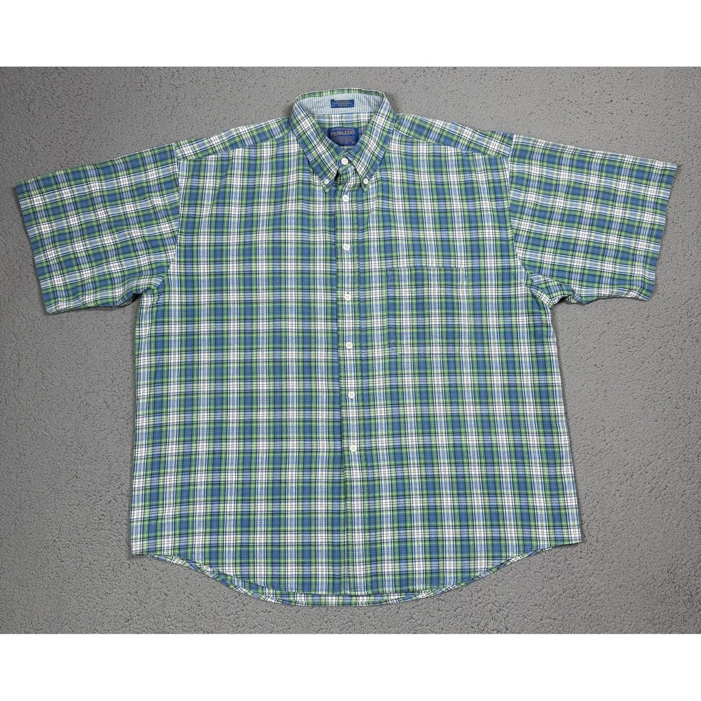 Pendleton Shirt Mens XL Blue Green Plaid Short Sleeve Button Up Casual Cotton